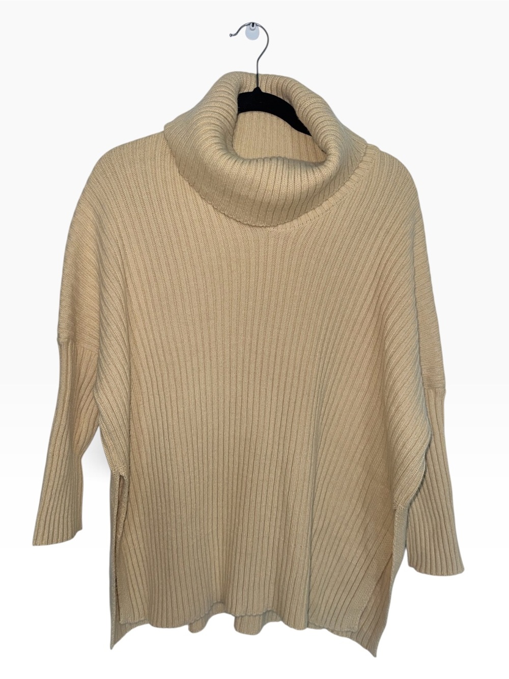 MERSEA Butter Yellow Beige Ribbed Turtleneck Oversized Poncho Sweater One Size